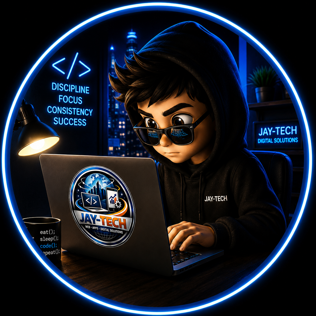 JayTech mascot working late at a laptop beside the words Discipline, Focus, Consistency, Success